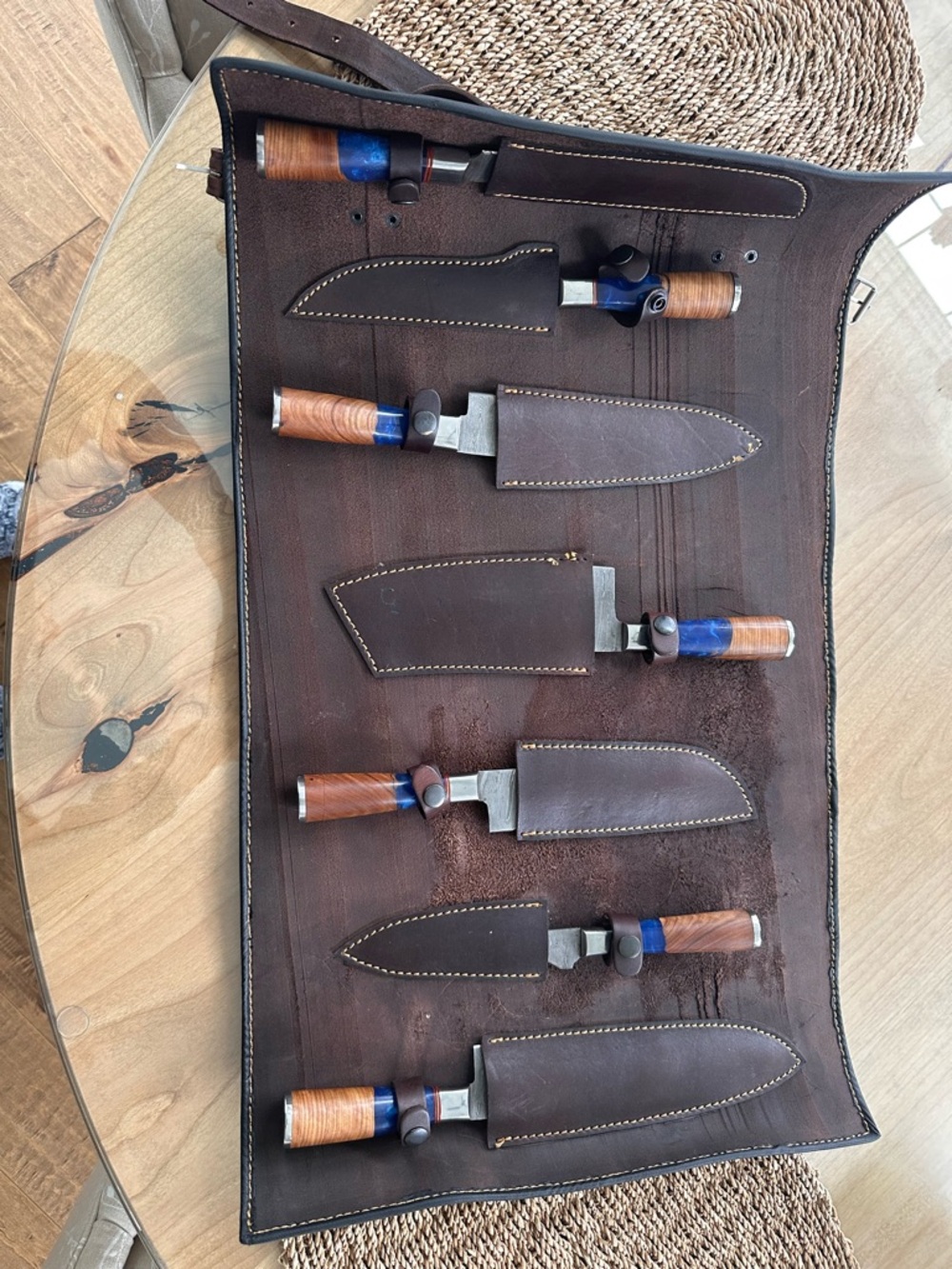 Handmade Leather Knife Roll with Set of 7 Wood-Handled Knives
